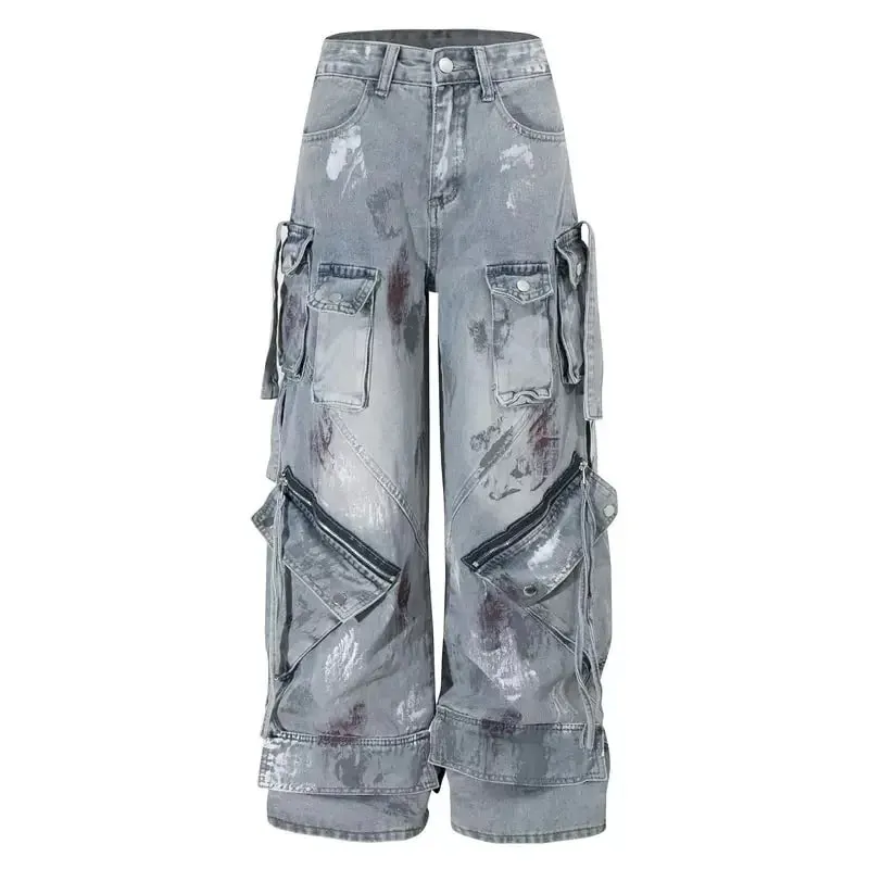 2000s Y2K heavy industry drag pants Gothic multi-pocket hip hop wide leg jeans washed black jeans men and women street pants