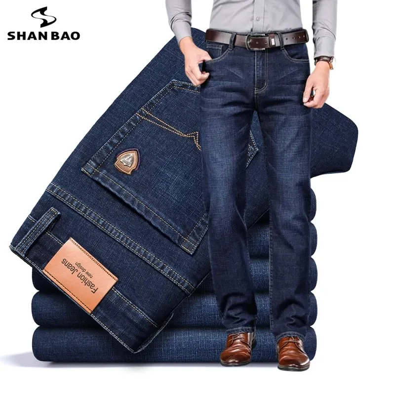 BAO 2026 autumn spring fitted straight stretch denim jeans classic style badge youth men's business casual jeans trousers