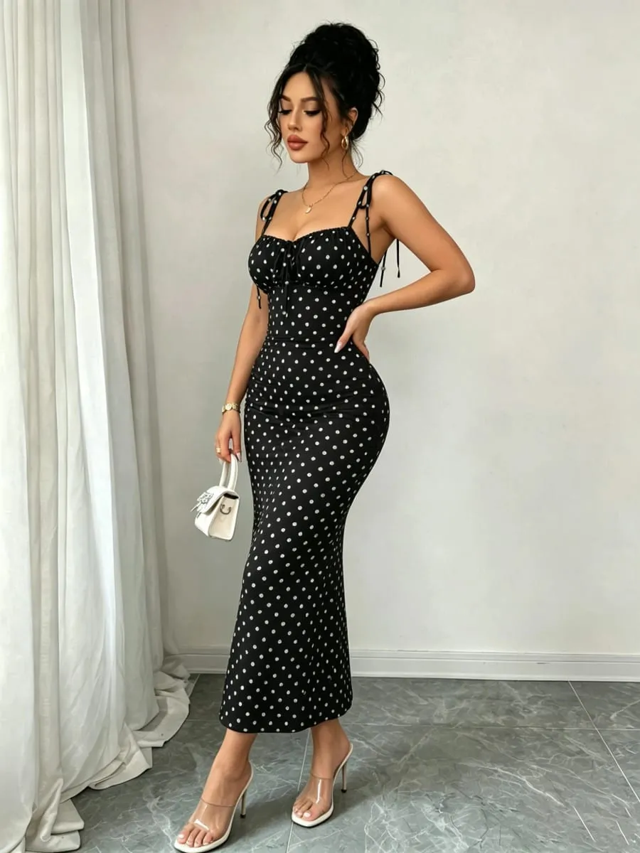 Black and White Polka Dot Bow Mid-Length Dress Pleated Tight-Fitting Fishtail Dress Vintage Slim-Fit Fishtail Party Long Dress