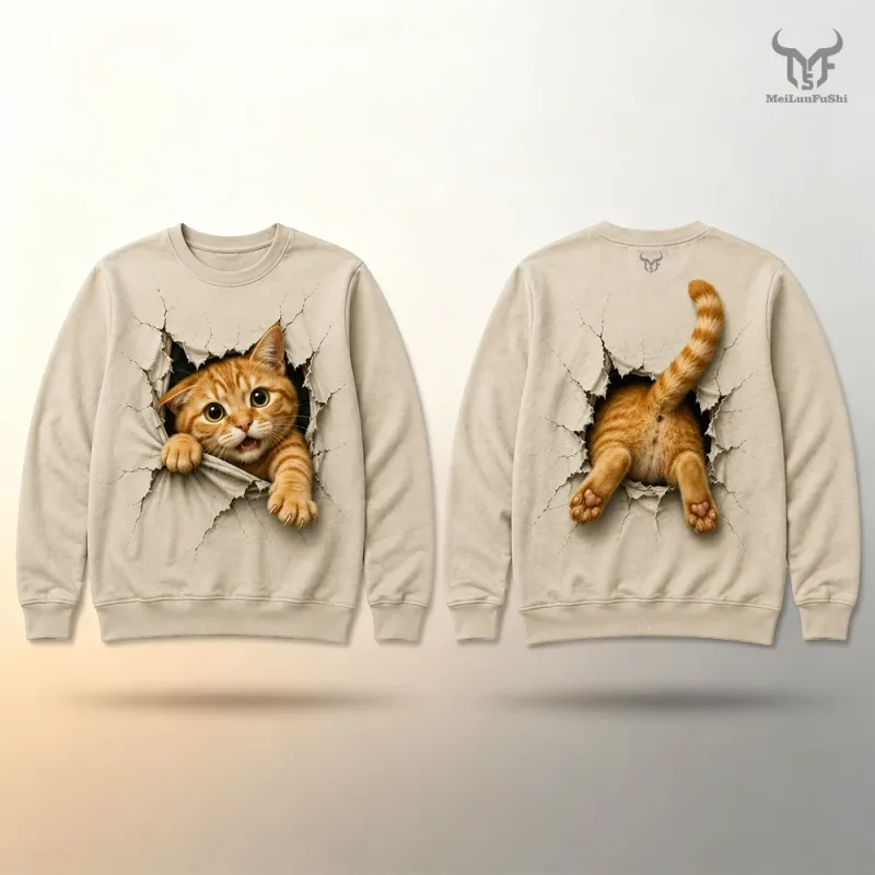 Funny 3D Visual Cat Print Sweatshirt Cute Animal Breaking Through Wall Graphic Pullover Tops Men Casual Long Sleeve Streetwear
