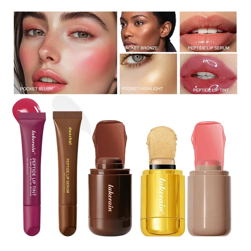 5pcs Face Makeup Set Bronzer Cream Contour Highlighter Blush Stick Transparent Tinted Moisturizing Lip Glaz Cosmetic For Women