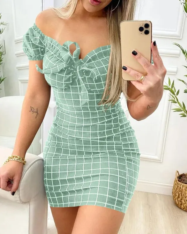 Summer dress sexy package buttocks maikling palda ng cross border grid print dress