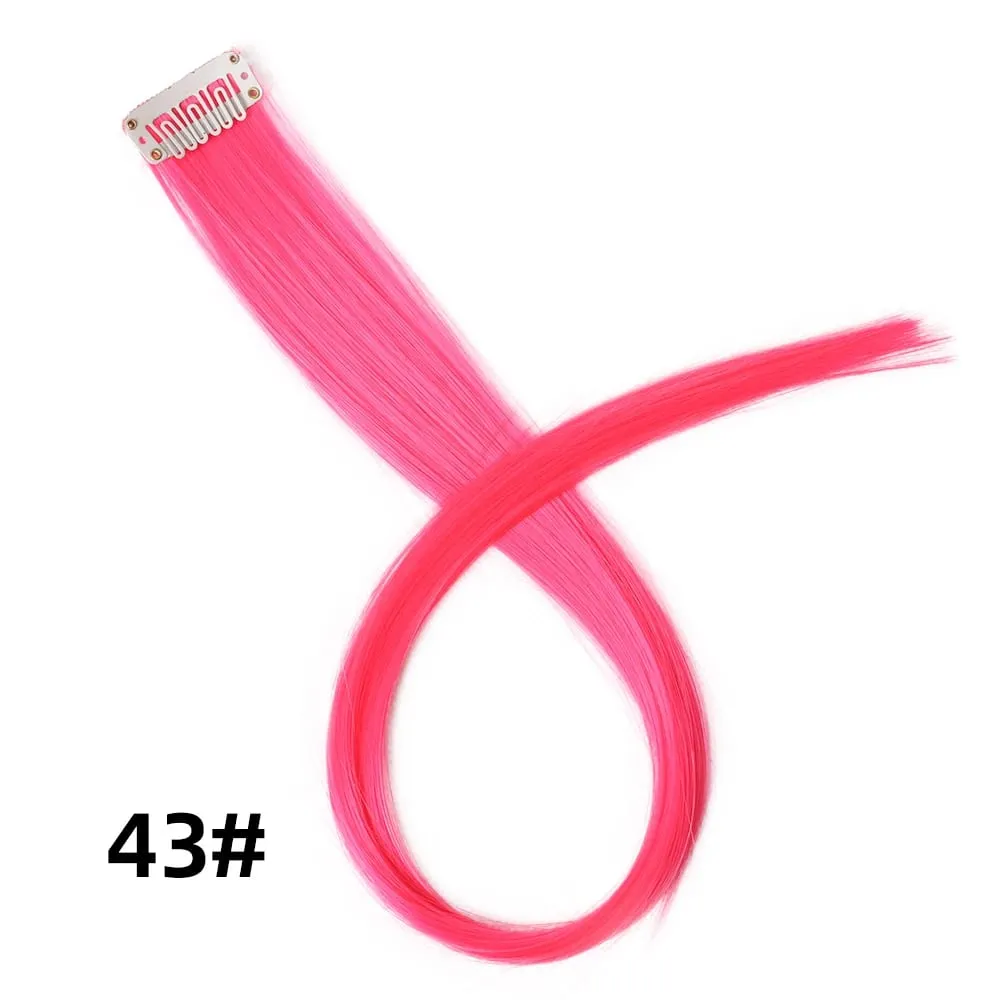 Lige farvet hårstykke Hair Extensions Clip In Highlight Regnbuehår Pink Blå Lilla Syntetisk på klips til kvinder piger — image 49