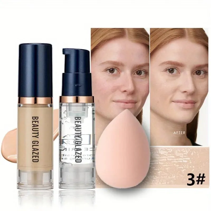 3Pcs Face Makeup Set Matte Long Lasting Waterproof Liquid Foundation+Primer+Puff — image 11