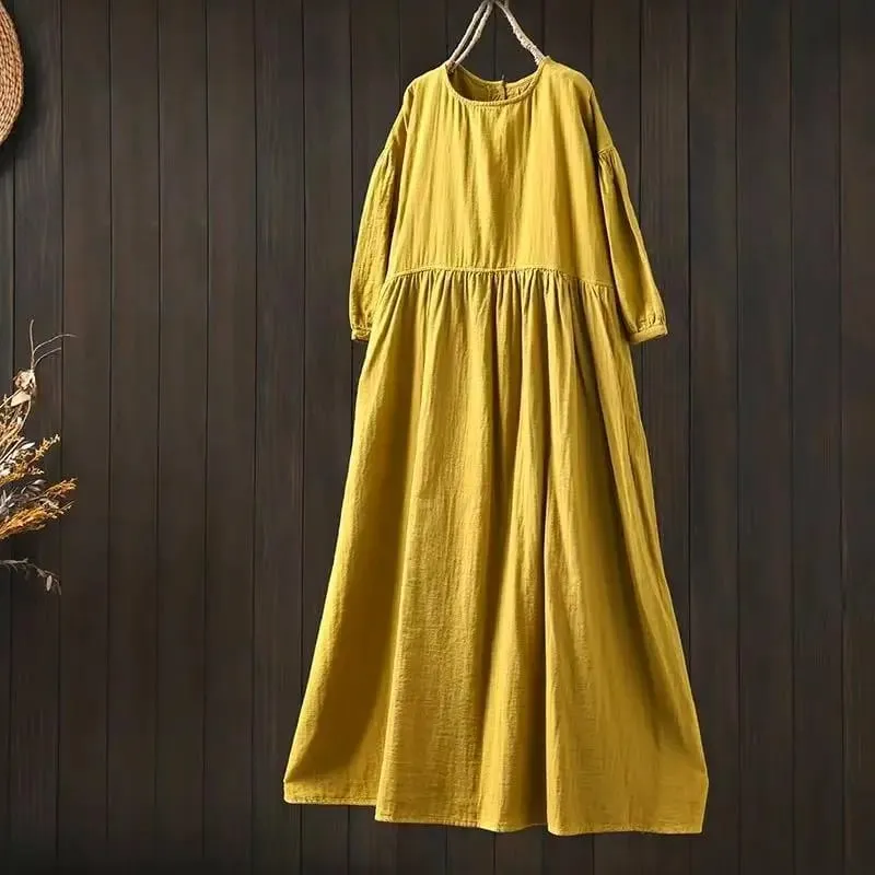 Johnature Women Vintage Cotton Dresses O-Neck Half Sleeve Soft Solid Color Robes 2025 Summer New Casual A-Line Female Dress