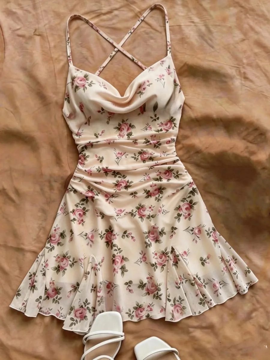 Elegant Floral Print Mini Dress for Women Summer Spring Vacation Beach Style Off-Shoulder Strap Gown Stylish And Sophisticated