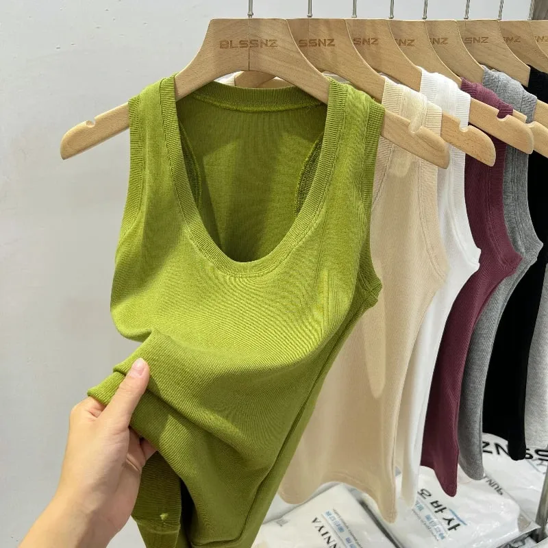 2026 Summer Basic Elastic Tank Top Women Solid Low Round Neck Ribbed Camisole Korean Style Versatile Slim Tanks & Camis