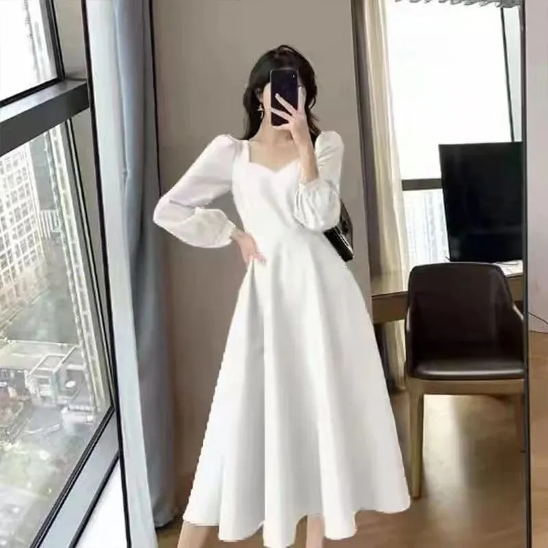 Long Puff Sleeve Solid Elegant Dress Women Clothing Wedding Guest New Year Women Fashion High Waist Slim Evening Party Dresses — image 6
