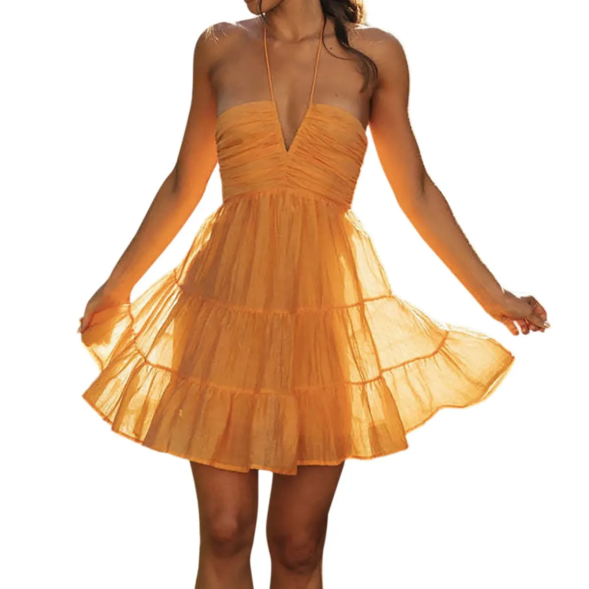 Women's Summer Chiffon Holiday Dress Halter V Neck Flowy A Line Dress Sleeveless Backless Tiered Swing Boho Beach Dresses Robe