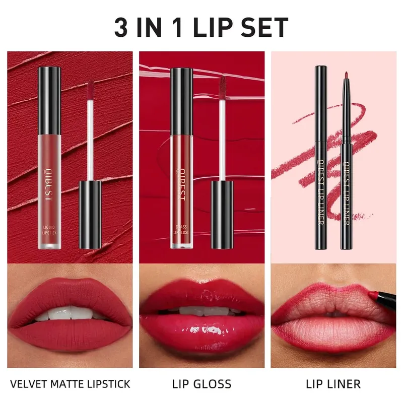 Matte Liquid Lipstick&Lip Liner&Lip Gloss 3Pcs Sets Long Lasting Non-stick Cup Red Black Purple Lip Tint Cosmetics Kits — image 2