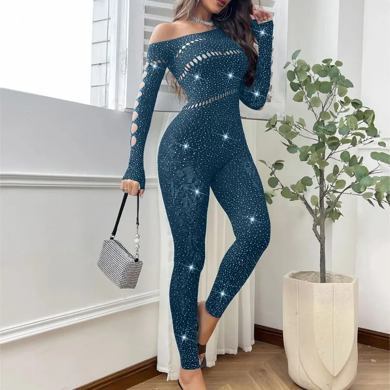 ผู้หญิงเซ็กซี่ตาข่าย Rhinestone Jumpsuit แขนยาวดูผ่านยืดถุงน่อง Jumpsuit Club PLUS ขนาดสต็อกชุดชั้นใน — image 8