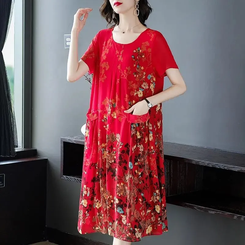 Mother Clothes Summer Chiffon Dresses O-Neck Mid-Long Printed A-line Dress Large Size Short Sleeve Middle-aged Women's Vestidos