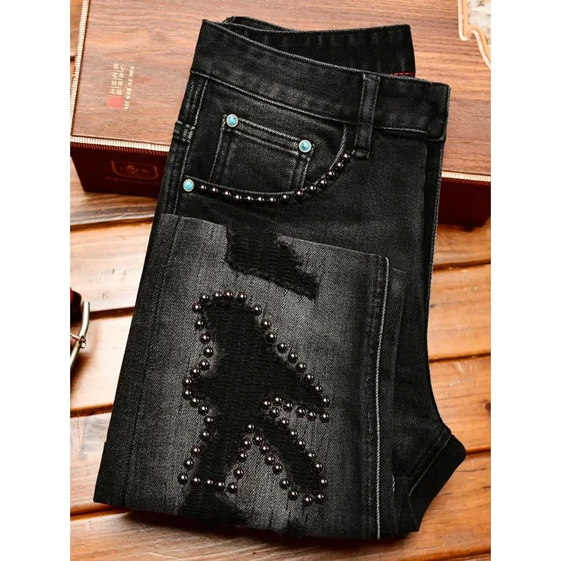 Design de decoração de metal preto jeans masculino na moda rasgado moda retro nostálgico rua magro ajuste calças magras — image 2
