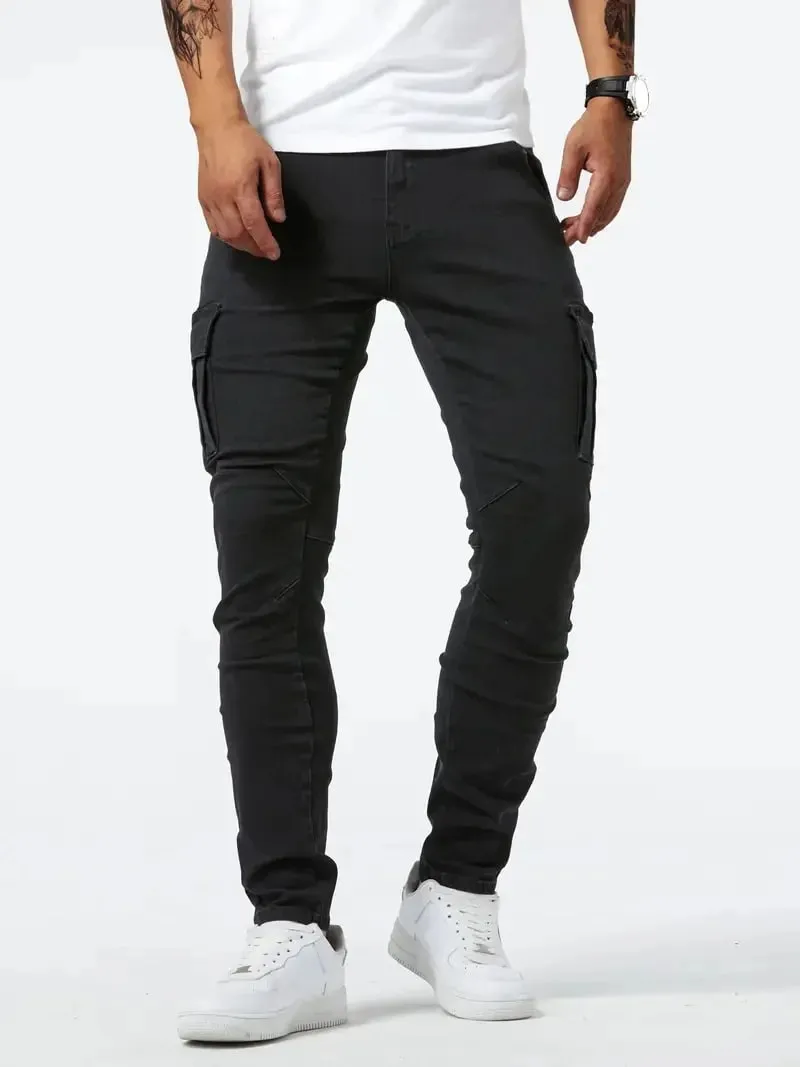 Men's street stretch denim jeans washed solid color multi pocket work pants casual slim fit daily wear jogging pants mid wa