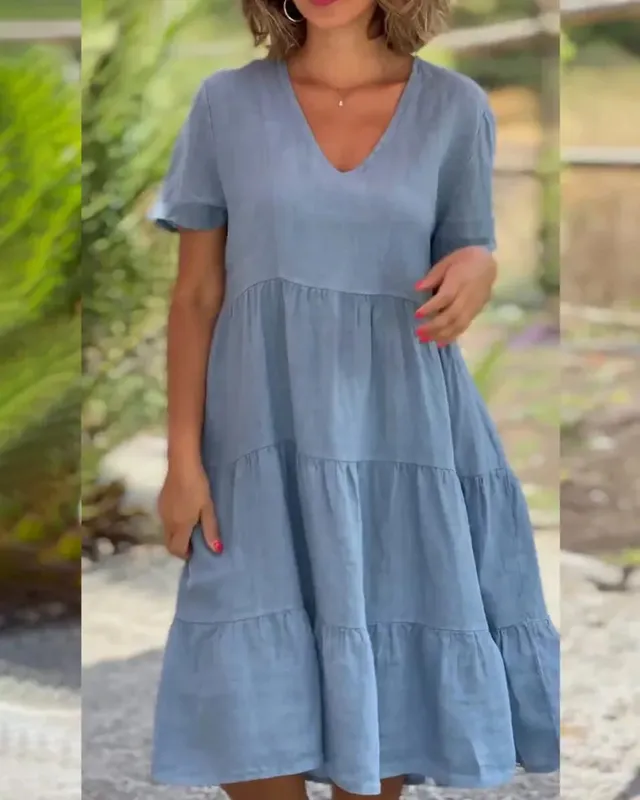 Abiti casual da donna in lino di cotone 2025 Primavera / Estate Dolce manica corta Scollo a V solido Abito ampio altalena S-5XL