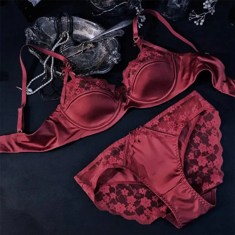 French Premium Satin Half Cup Lace Underwear Women's Thin Sexy Gathering Top Support Glossy Bra Set Big Breasts Small 32-38 Set