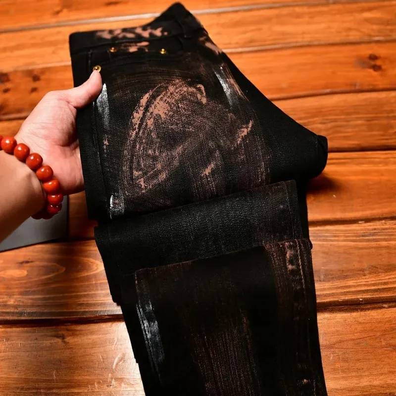 2025 Autumn Black Jeans Men's Inkjet Graffiti Printed Street Men's Clothing Nostalgic Trend High end Retro Denim Pants