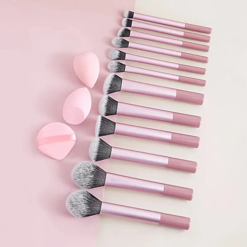 15pcs Makeup Brush Set Including 12pcs Multi-Functional Ultra-Soft Makeup Brushes And 1pc Angled Tear Drop-Shaped Beauty Sponge