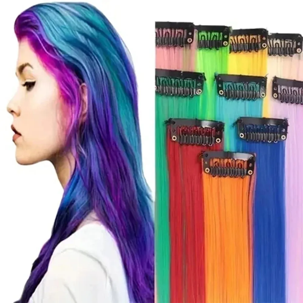Synthetic 10 PC Hair Extensions Red and Blue Clip in SOlldag Colored Party Highlights Straight Hairpiece for Kids Girls Women