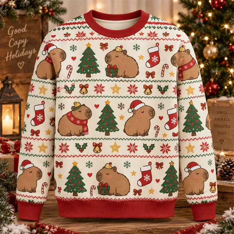 Capybara Christmas Sweater Funny Animal Holiday Graphic Crewneck Xmas Pullover Winter Party Gift Casual Streetwear Festive Top