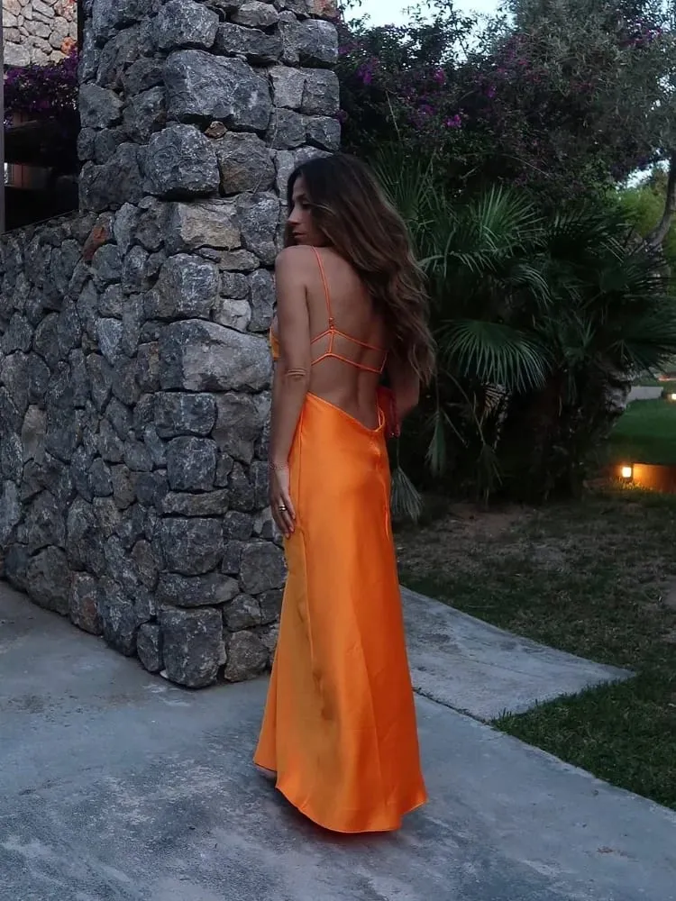 Frauen Orange Satin Sling Langes Kleid Fashion Solid Backless Ärmel V-ausschnitt Plissee Kleider 2026 Dame Abend Party Roben Sommer