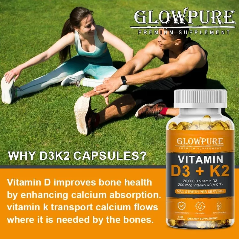 D3 K2 Vitamins Capsule for Bones Joint Calcium Absorption Cardiovascular Immune System Daily Health Supplement