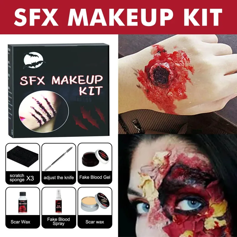 Halloween Special Effects Makeup Kit 1Pc Fake Blood Gel Scar Water Scar Wax Adjust Knife Fake Blood Spray 3Pcs Sponge Set