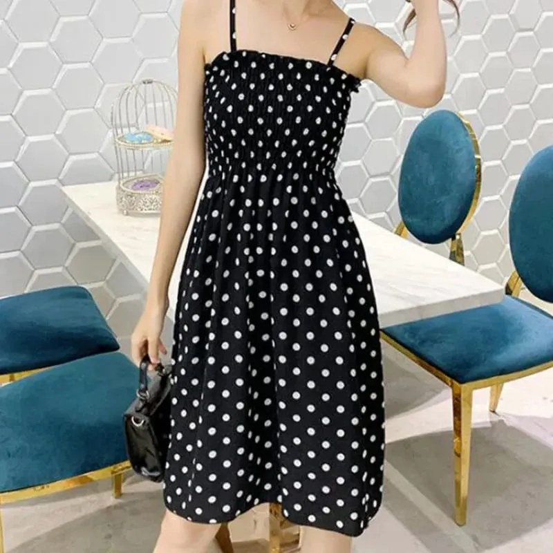ฤดูร้อนมินิเดรสแฟชั่นหญิง Elastic High เอว Casual สปาเก็ตตี้สายคล้องคอผู้หญิงชุดชีฟอง Vestidos