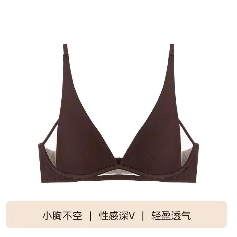 French Triangle Bra Rabbit Ear Cup Deep V Wireless Bralette for Small Bust No Gap Sexy Lingerie Set Breathable Summer Thin