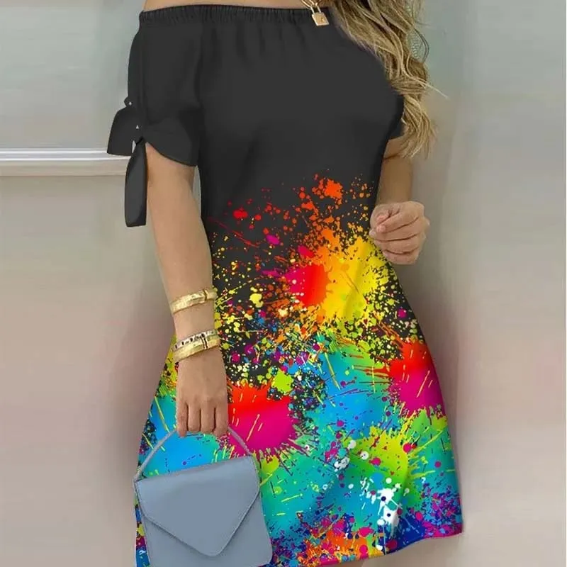 Women Off Shoulder Mini Dress Summer Sexy Short Sleeve Bow Tie Striped Floral Print Dresses Fashion Casual Loose Dress