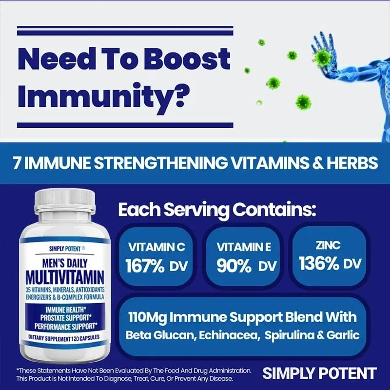 Daily Multivitamin for Men for Prostate Energy Concentration Metabolism Immunity Vitamins: A C D E (B1 B2 B3 B5 B6 B7 B9 B12)