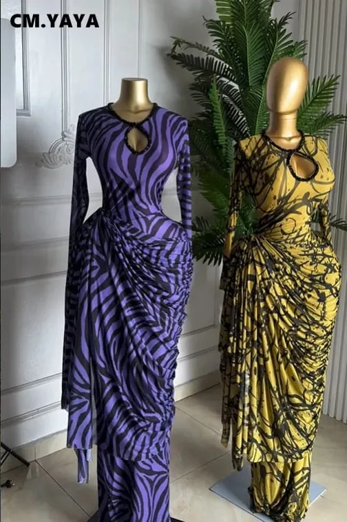 CM.YAYA Kadın Çizgili Baskı Şerit Dantelli Uzun Kollu Bodycon Maxi Uzun Elbise 2026 Seksi Doğum Günü Partisi Eğitim Trendy Elbiseler