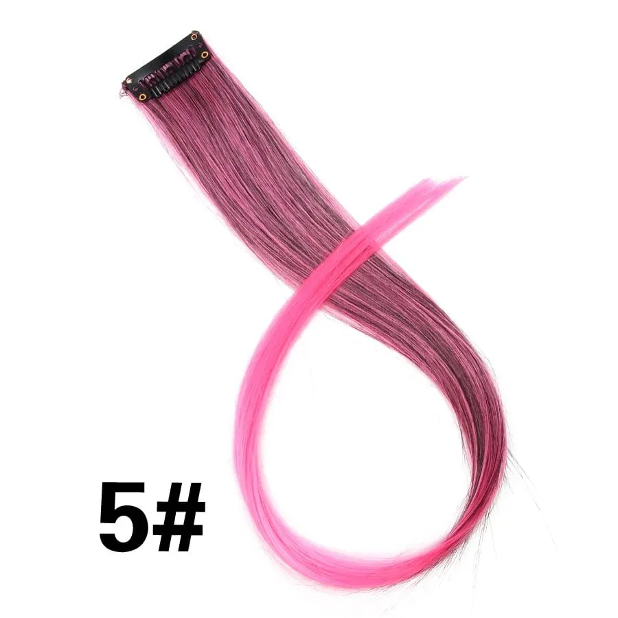 Lige farvet hårstykke Hair Extensions Clip In Highlight Regnbuehår Pink Blå Lilla Syntetisk på klips til kvinder piger — image 11