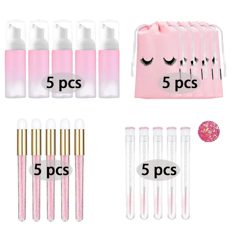 60ml Refillable Empty Plastic Pump Bottle Lash Extension Cleaning Kit Long Rod Brush Lash Curler Dust Tube EVA Storage Bag Tools