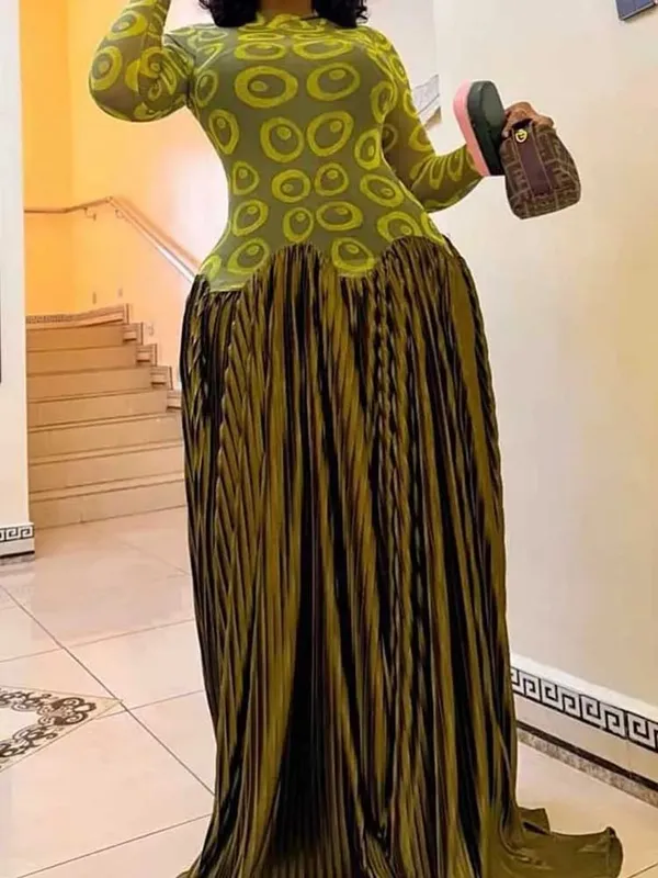 Elegante olijfgroene jurken Maxi-jurk met hoge taille en lange mouwen voor dames Avondfeest Geplooide jurk Stretchstof voor kleding