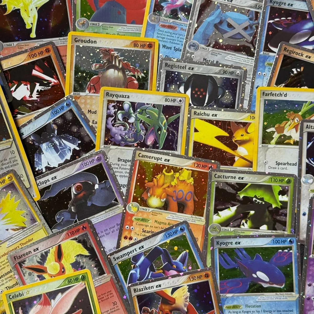 บัตรพร็อกซี โฮโลแกรม Emerald Cacturne Rayquaza ตำนานที่ซ่อนอยู่ Kyogre Crystal Guardians Alakazam Star Flareon Metagross