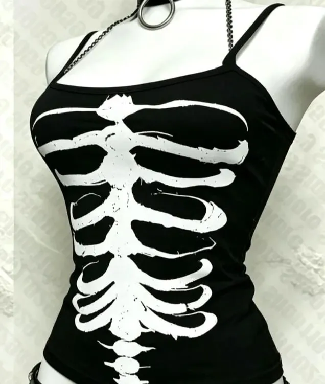 Y2K Gothic Alt Sleeveless Crop Top Vintage Grunge Skeleton Front Back Graphic Slim Women Skeleton Ribcage Spine Cami Tank Tops