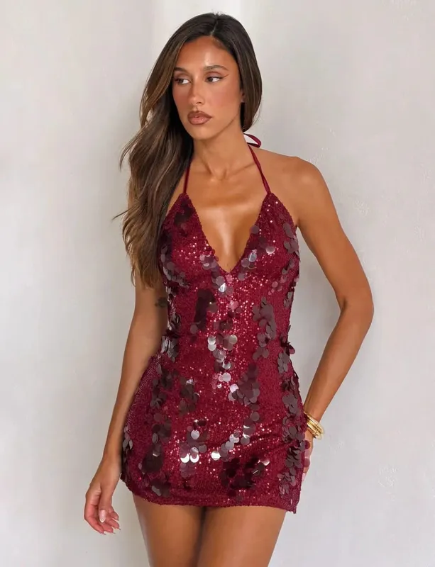 Mini abito da donna con paillettes tinta unita con scollo all'americana scollo a V profondo aderente senza maniche abiti scintillanti abiti da cocktail per feste da club formali Nuovo