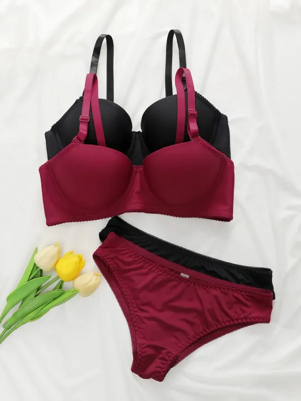 2sets Solid Underwire Lingerie Set Women Push Up Bra With Steel Ring Fashion Women Underwear Panty Everyday Bras Sets J2611 — image 1