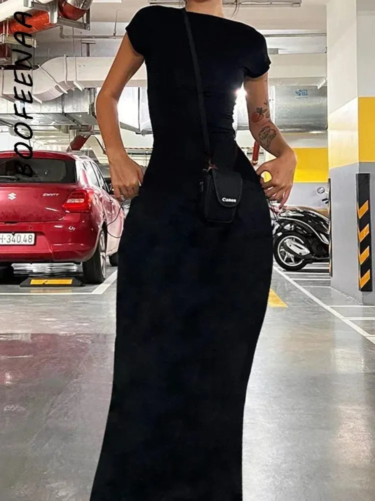 Short Sleeve Backless Long Dresses Sexy Outfits for Women Clothes Basics Casual Bodycon Grey Black Dress C71-BH23