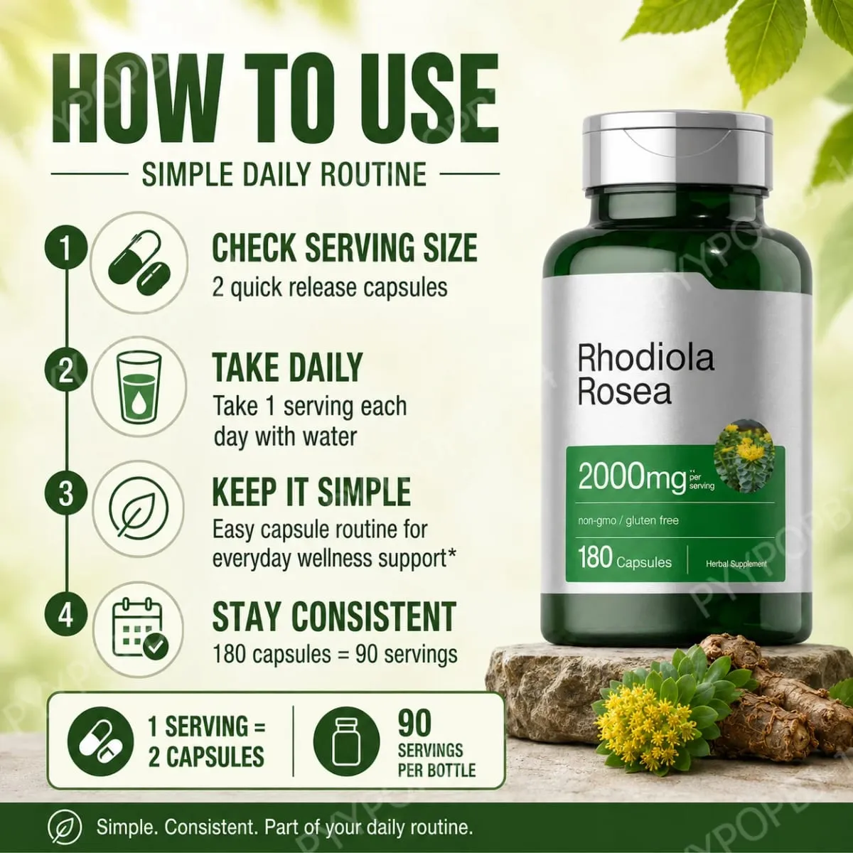 Rhodiola Rosea Root Extract 2000mg Equivalent Herbal Dietary Supplement 180 Capsules