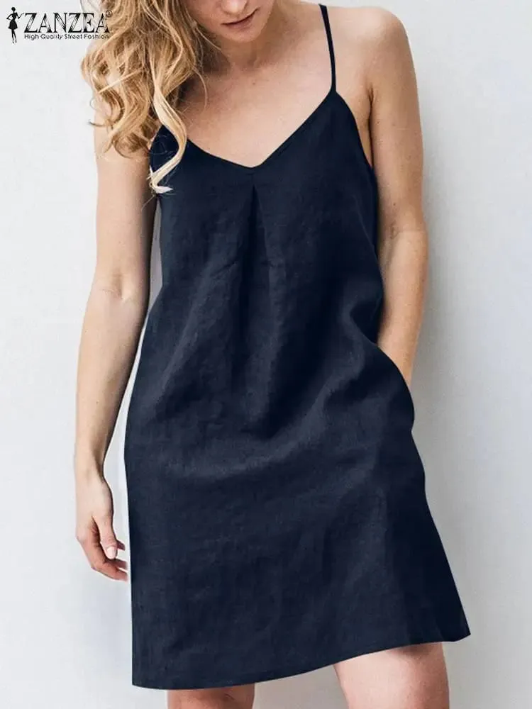 2023 ZANZEA Women Summer Backless Straps Dress Solid Sleeveless V-Neck Sundress Female Casual Robe Party Beach Vestidos Oversize