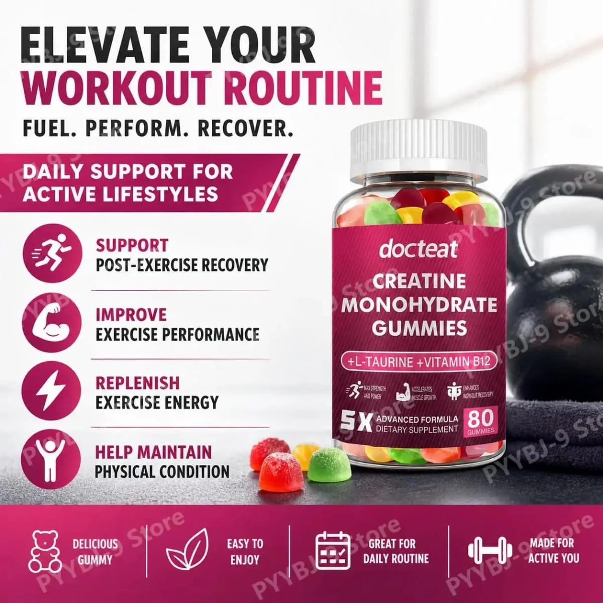 Docteat Creatine Monohydrate Gummies for Muscle Builder Energy Boost Muscle Recovery Stamina Bone Health Support 80 Count