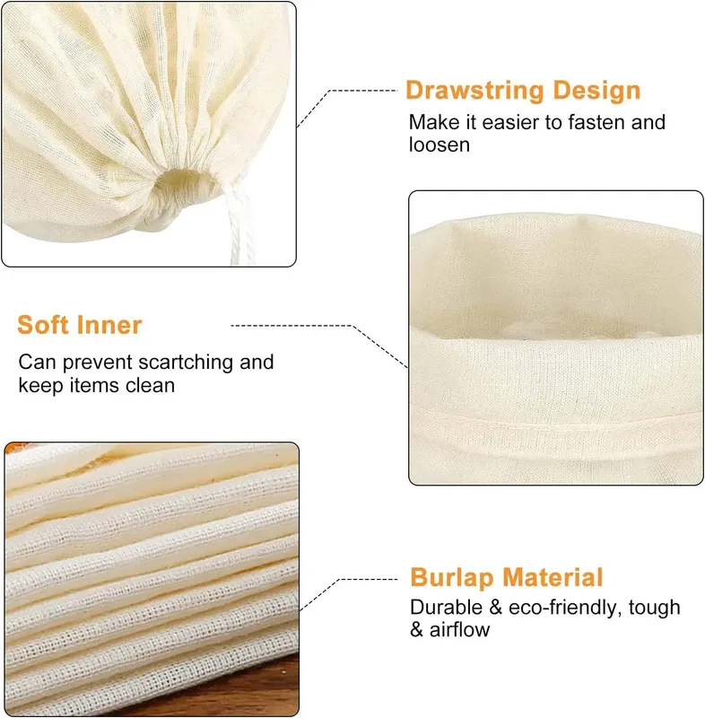 5Pcs 20x25CM Reusable Cotton Straining Bags Drawstring Muslin Cheesecloth Spice Soup Bags for Cooking Bone Broth Brew Bag Pouch