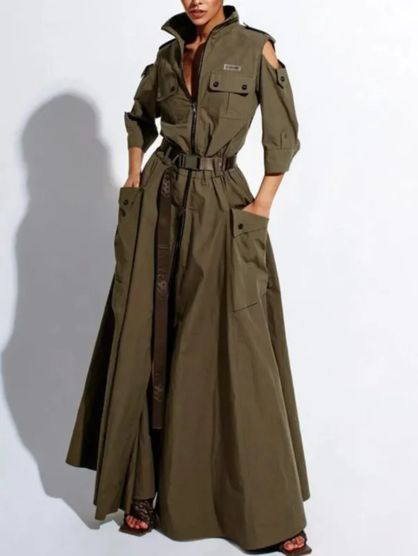 Summer Dress for Women 2026 Retro Turn-down Collar Cold Shoulder Half Sleeve Zipper Belt Pockets Split High Waist Maxi Dresses
