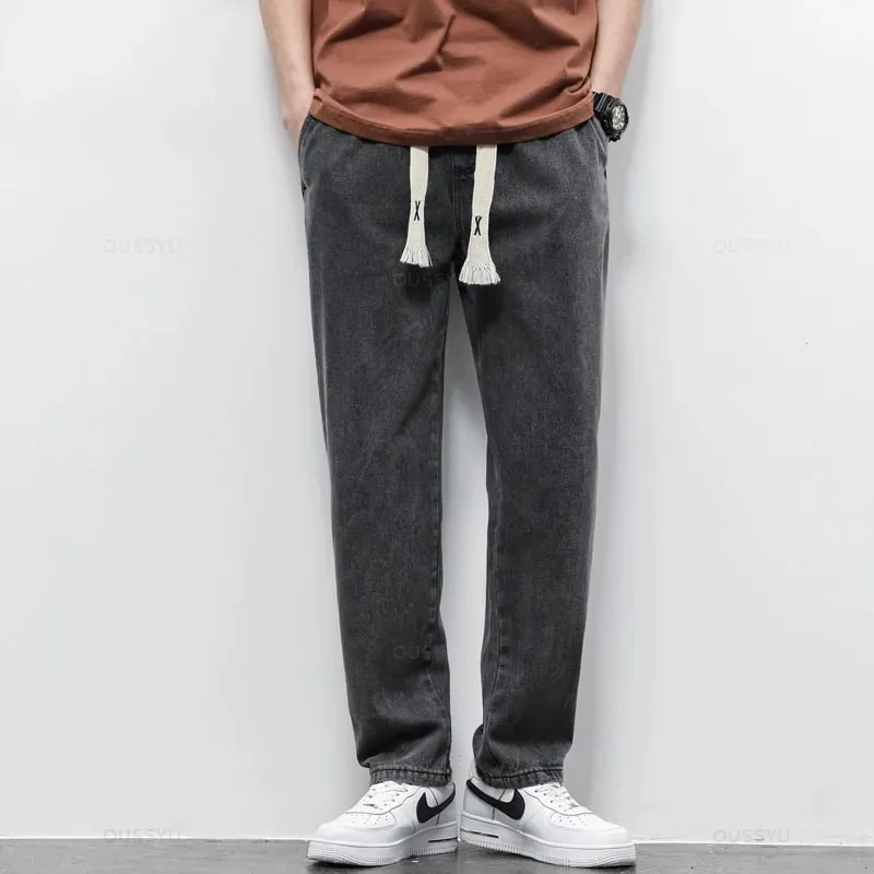 High Quality Fully Elastic Waist Men's Jeans Cotton Soft Drawstring Straight Pants Korea Casual Trousers Male Plus Size S-5XL