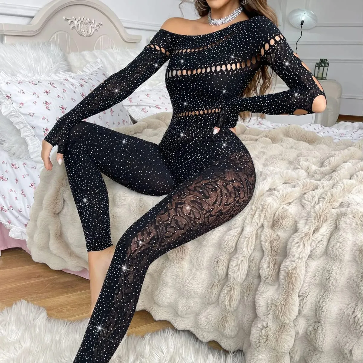 Vrouwen Sexy Mesh Strass Jumpsuit Lange 