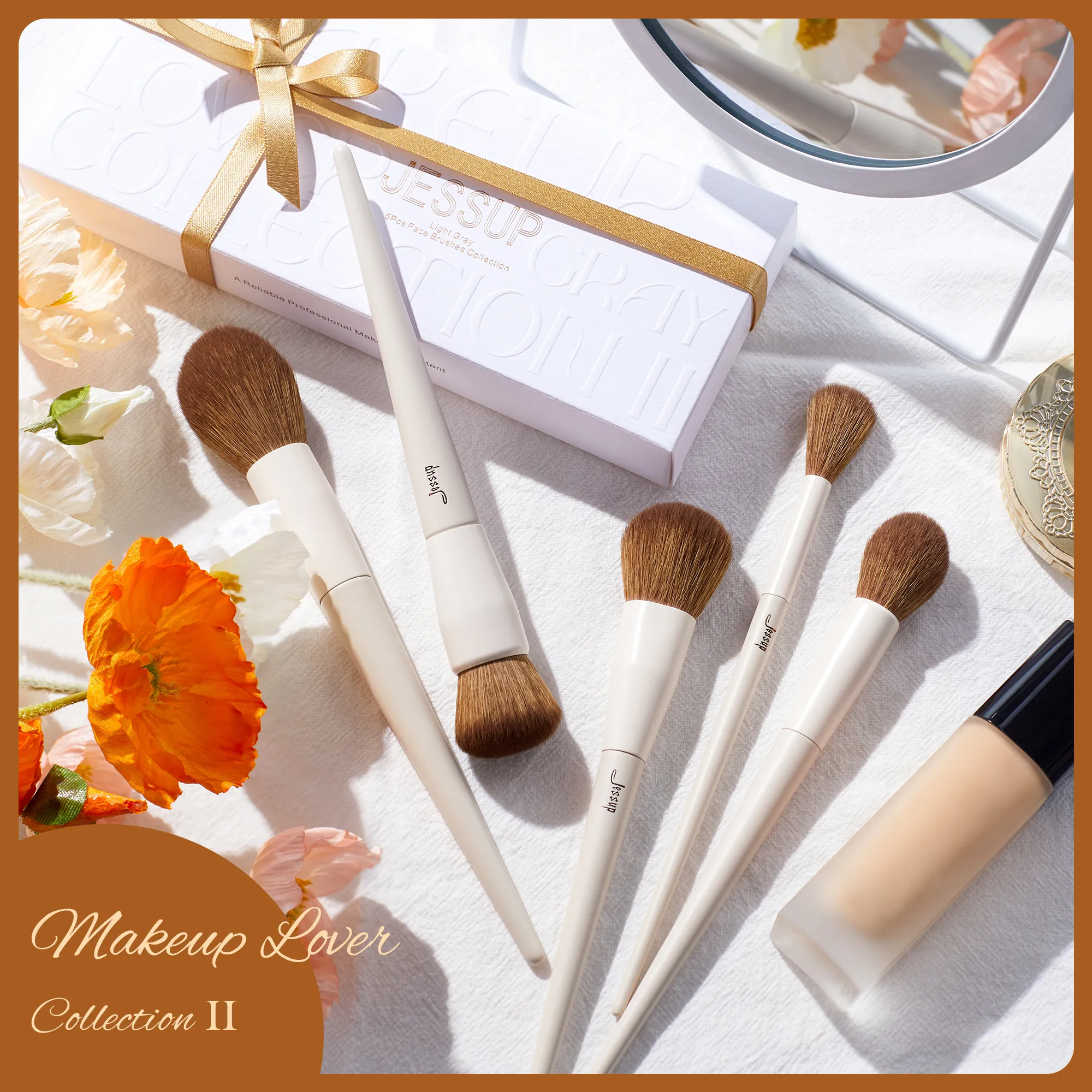 Jessup Face Brushes set 5Pcs Makeup Brushes Vegan Foundation Blush Bronzer Brush Contour Fluffy Setting Powder Light Grey T493
