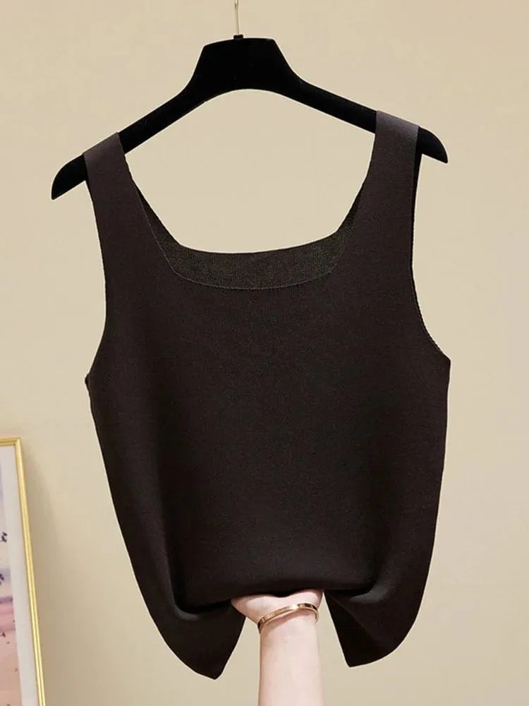 Summer Off Shoulder Tank Tops Women Fitness Short Camis Vest Female Knitted Sexy Square Collar Solid Crop Tops