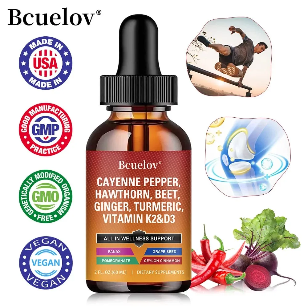 Cayenne Pepper Liquid Drops + Hawthorn Vitamin D3 K2 Ceylon Cinnamon Turmeric Organic Ginseng Supplement for Gut Health